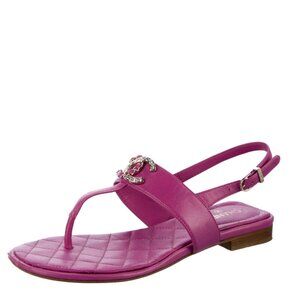 Chanel Pink Leather Chain Rhinestone CC Logo Leather Slingback Thong Sandals